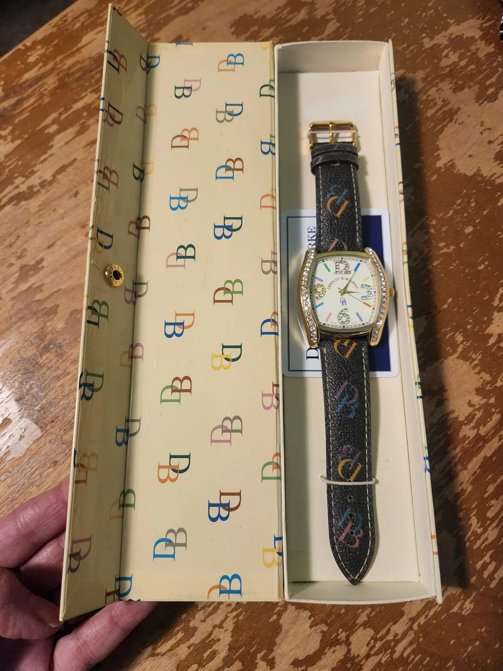 NIB Dooney & Bourke Multicolor DB Monogram Rhinestone Watch & Box MVICR-BL